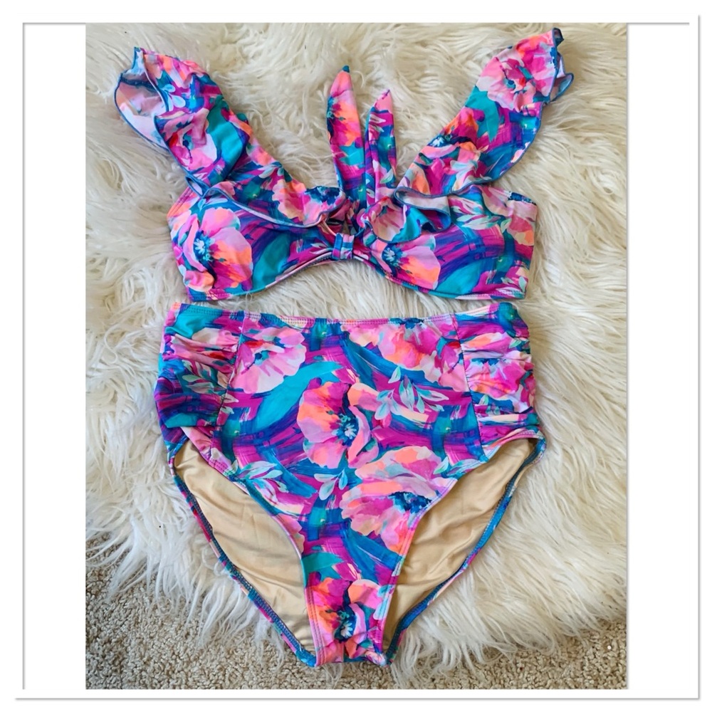 Palms Away Red Dress Boutique Bikini Swimsuit Set Blue Pink Size Large